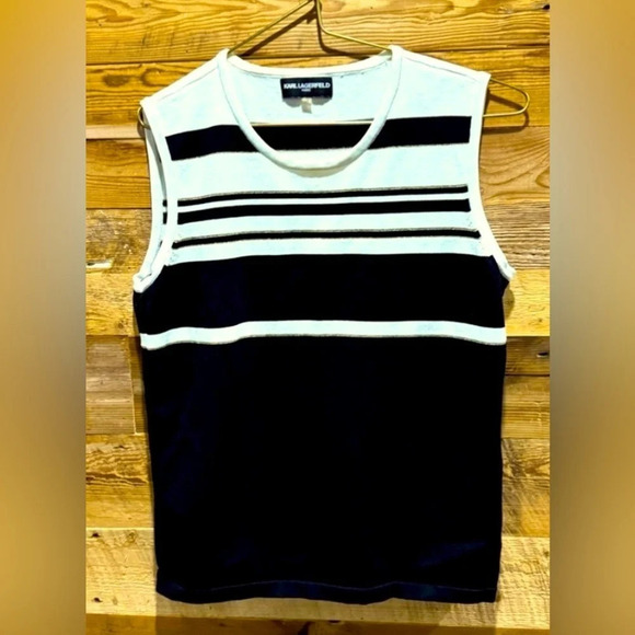 KARL Lagerfeld  Paris sleeveless tank sweater vest top black white stripe USM - Picture 1 of 4
